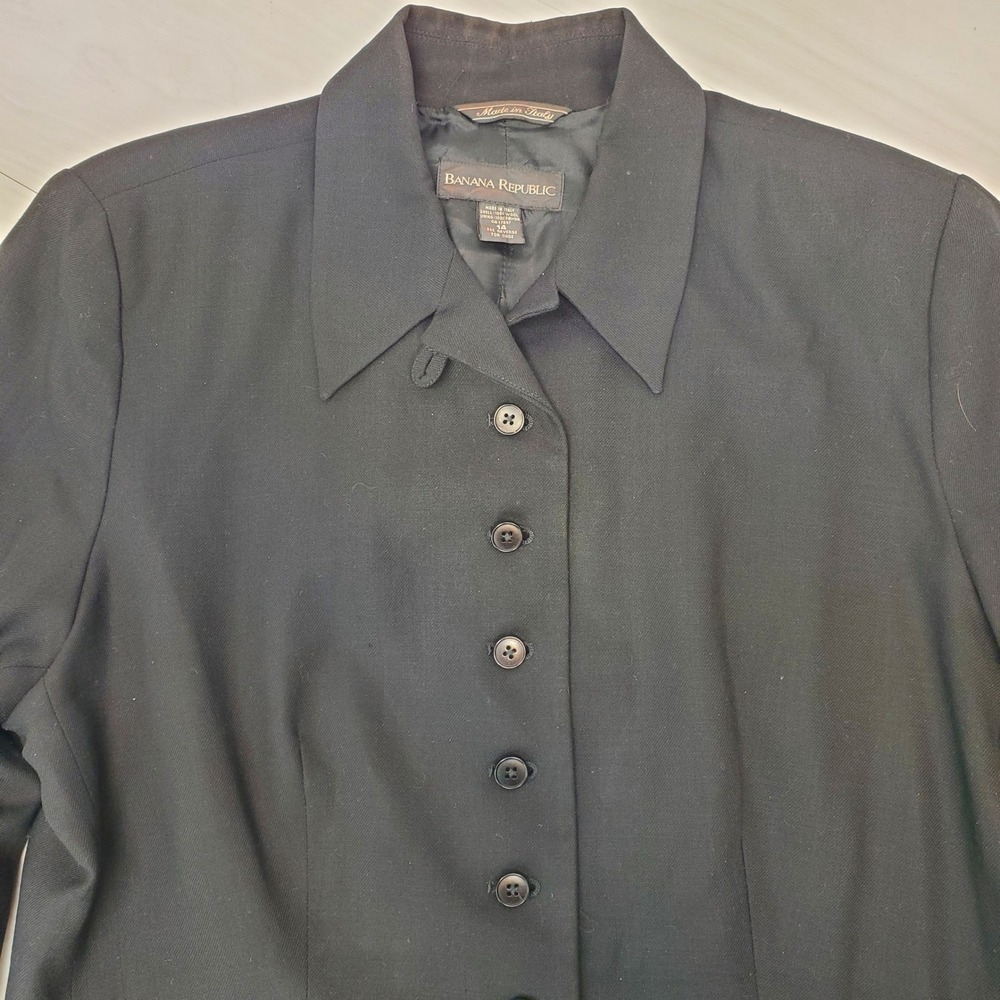 Banana Republic Made in Italy Black Wool Button Down Blazer Womens 14 Quiet Lux